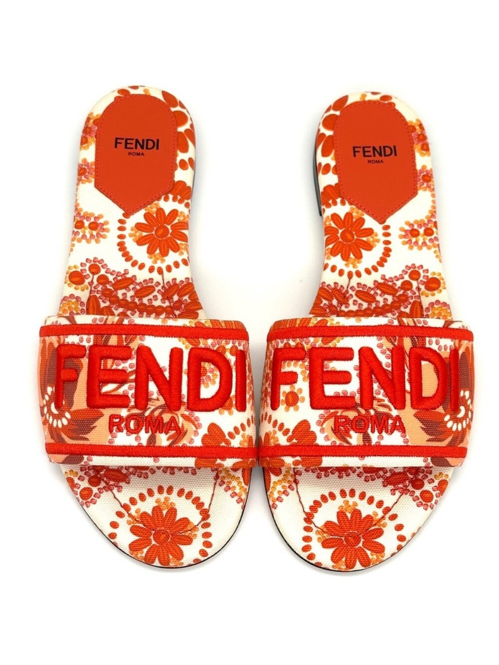 Fendi Orange Floral Embroidered Logo Slide Sandals